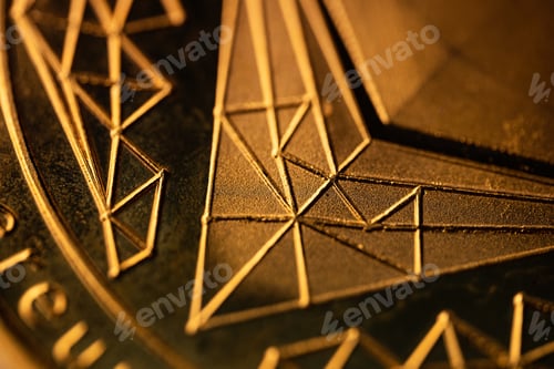 Preview: top view extreme macro closeup of crypto ethereum golden coin symbol logo
