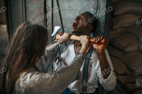 Preview: Female zombie with axe attacked a man