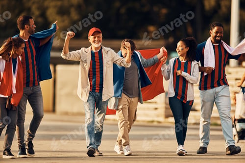 Preview: Excited sports fans having fun on street while going on soccer match during the world cup.