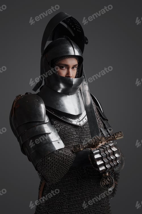 Preview: Knight woman dressed in armored clothes holding sword