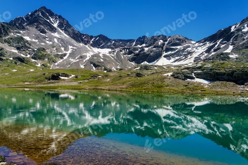 Preview: Passo Gavia, mountain pass in Lombardy, Italy, at summer. Lake