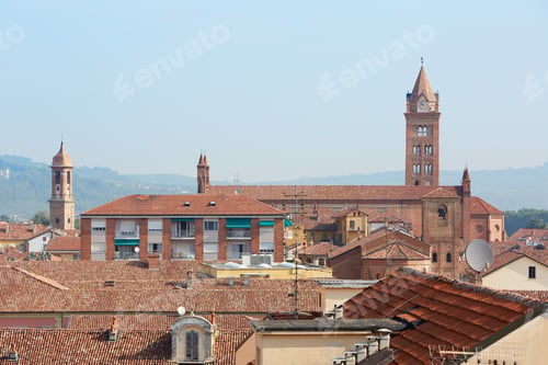 Preview: Alba rooftops with cathedral's bell tower view, Italy