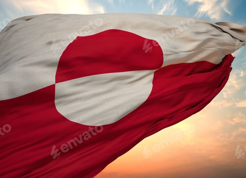Preview: Closeup view of the waving flag of the Greenland on a background of sunset