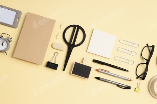Preview: Mockup flat lay with different office accessories on beige background