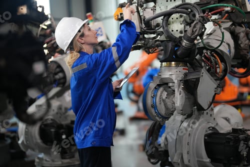 Preview: Robotics engineer working on maintenance of robotic arm in factory warehouse. Business technology.