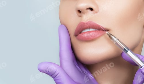 Preview: Cropped sensual female lips, procedure lip augmentation. Syringe near womans mouth, injections for