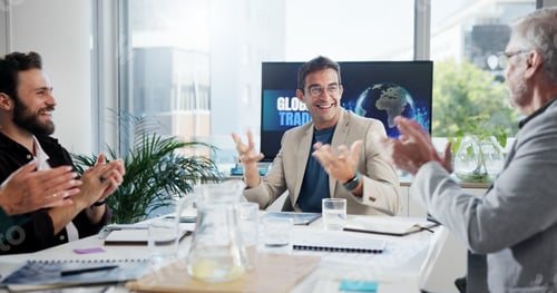 Preview: Applause, finance and meeting with business people in office boardroom together for bonus, goals or