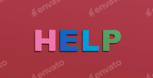 Preview: Help, word written in wooden alphabet letters on red background