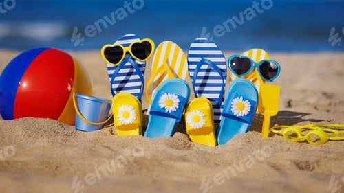 Preview: Family flip-flops, beach ball and snorkel on the sand. Summer vacation concept