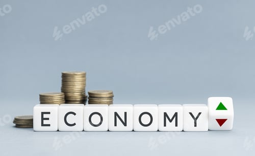 Preview: Economy word and up and down arrows on block shape and coins stacked