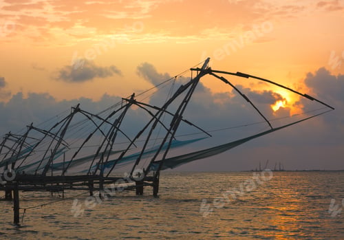 Preview: Chinese fishnets on sunset. Kochi, Kerala, India