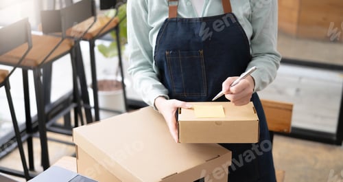 Preview: Startup Entrepreneurship Small Business SME Freelance Young lady working at home with boxes and