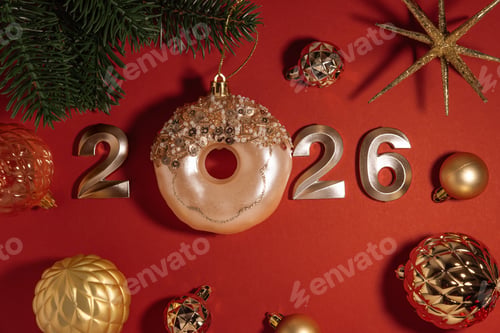 Preview: Creative Happy New Year 2026 Christmas Composition with Ornaments on Red Background