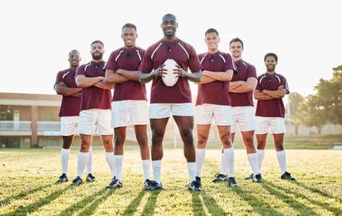 Preview: Rugby, grass and portrait of team with smile standing together in confidence and solidarity for win