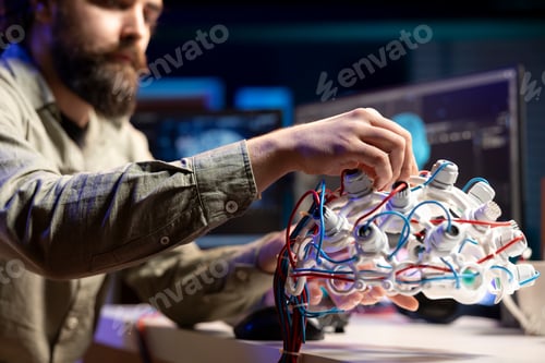 Preview: Computer scientist installing electrodes wires on EEG headset