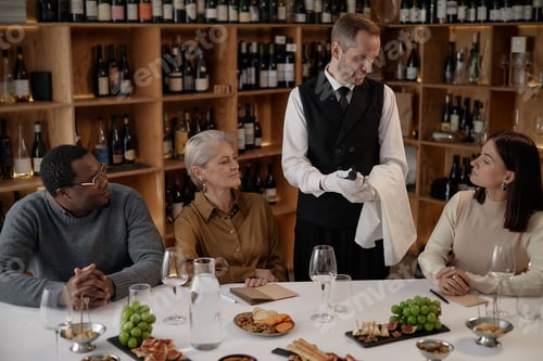 Preview: Multiethnic Adults Observing Sommelier Presenting Wine Bottle for Tasting