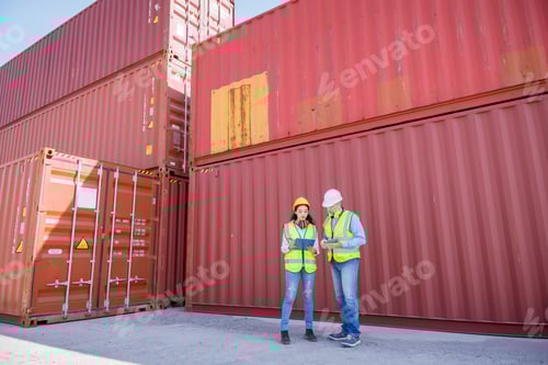 Preview: dock worker under discussion about dock container shipping warehouse document ,they wearing safety u