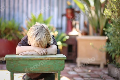 Vista previa: Adorable blonde Australian kid sitting and leaning on a small school table in the home yard
