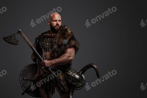 Preview: Viking man in a beard and bald head against a gray background