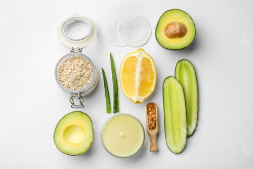 Preview: Composition with ingredients for handmade face mask on white background, top view