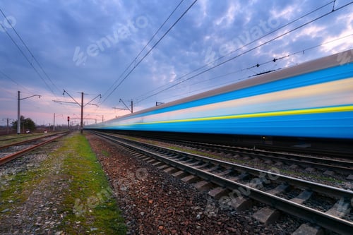 Preview: High speed blue passenger train in motion