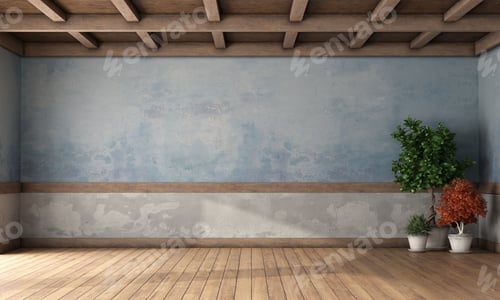 Preview: Empty retro room with old walls and wooden ceiling