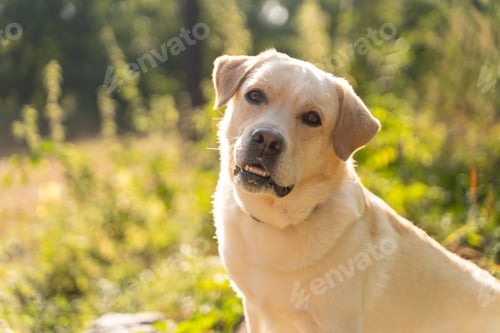 Preview: Labrador retriever posing in the woods on a sunny day