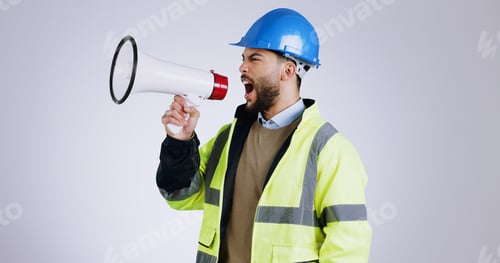 Preview: Construction, angry man and megaphone for shouting in studio with mock up on white background in Me