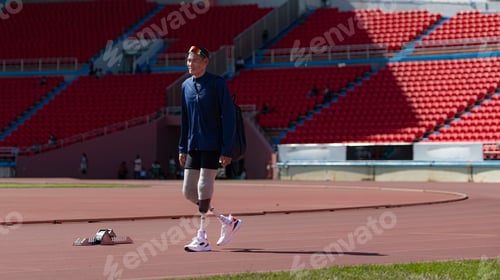 Preview: Disabled athletes prepare their bodies on amphitheater in a sports arena on a sunny day