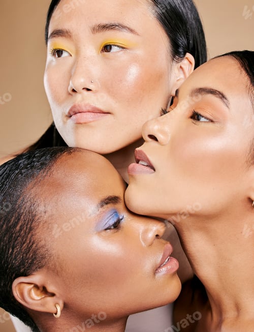 Preview: Beauty, diversity and face of women with makeup for creativity isolated on studio background. Skinc