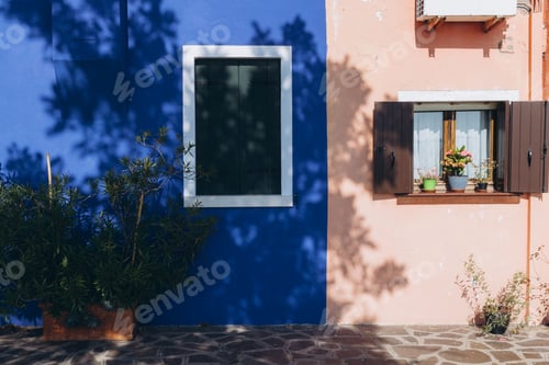 Preview: Colorful Burano architectural details and windows with shadows