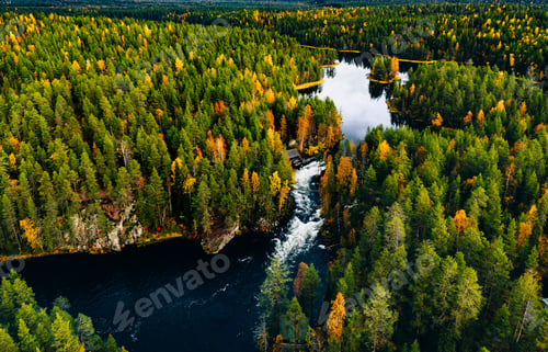 Preview: Aerial view of fast river in beautiful orange and red autumn forest, Finland.