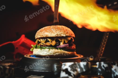 Preview: meat burger tomato cucumber cheese lettuce onion side view