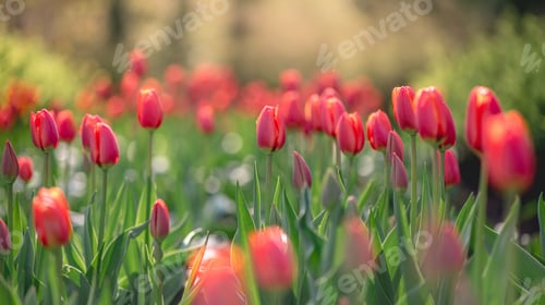 Preview: lots of beautiful red tulips, spring natural background