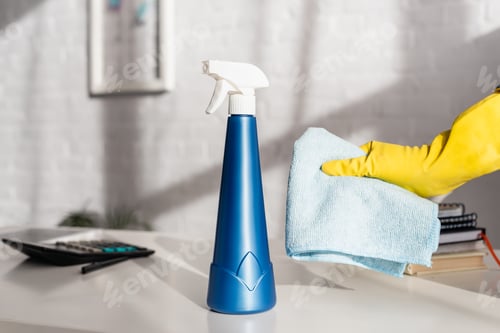 Preview: Cropped view of person holding rag near detergent with sprayer on table