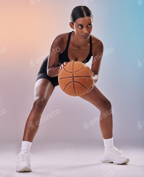 Preview: Fitness, basketball player or black woman isolated on gradient background in action, challenge and