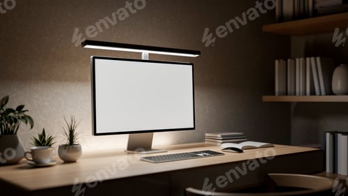 Preview: A white screen computer on wooden table beside bookshelf. Study or working at night under lamp light