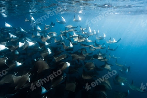 Preview: Cluster of giant devil rays (Mobula mobular) under the ocean