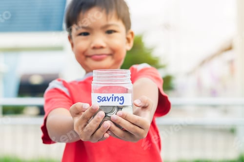 Preview: Smiling Child Holding Jar with Coins for Savings