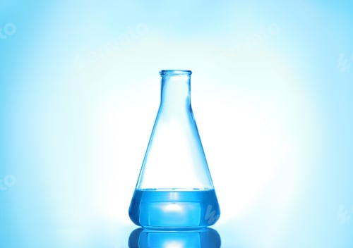 Preview: Laboratory flask with liquid on color background. Solution chemistry