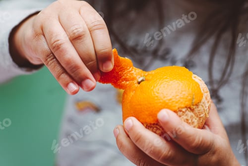 Preview: Toddler girl at home pealing an orange or clementine as a healthy snack