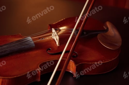 Preview: Violin in retro style and bow, closeup view