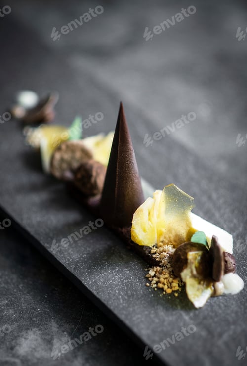 Preview: gourmet modern deconstructed chocolate cake and dried fruit dessert dish