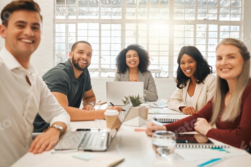 Preview: Portrait of happy businesspeople. Diverse group of architects in a meeting. Group of engineers plan