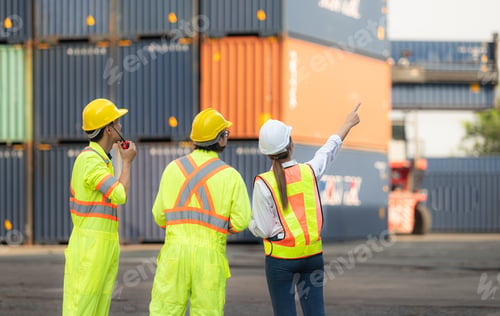 Preview: Group of workers in the import and export industry use walkie talkies to communicate
