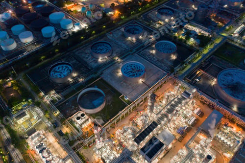 Preview: Petrochemical oil refinery in Bangkok City, Thailand. Oil and gas tanks in industry factory.