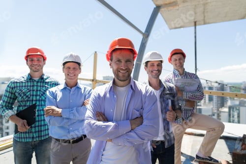 Preview: Builders Team Leader Over Group Of Apprentices At Construction Site, Happy Smiling Engineers