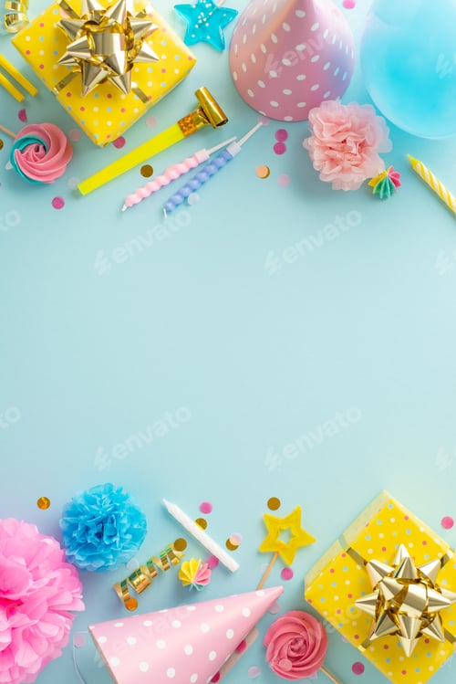 Preview: Festal birthday bash inspiration. Vertical top view capturing the festive ambiance