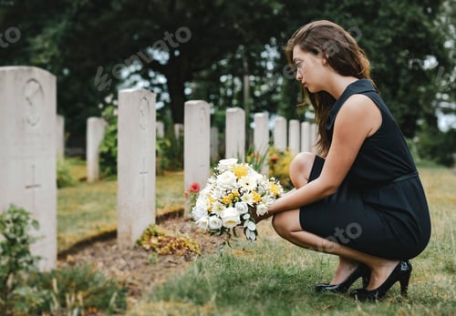 Preview: Young widow laying flowers at the grave