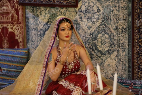 Preview: harming young woman wearing traditional saree, indoor